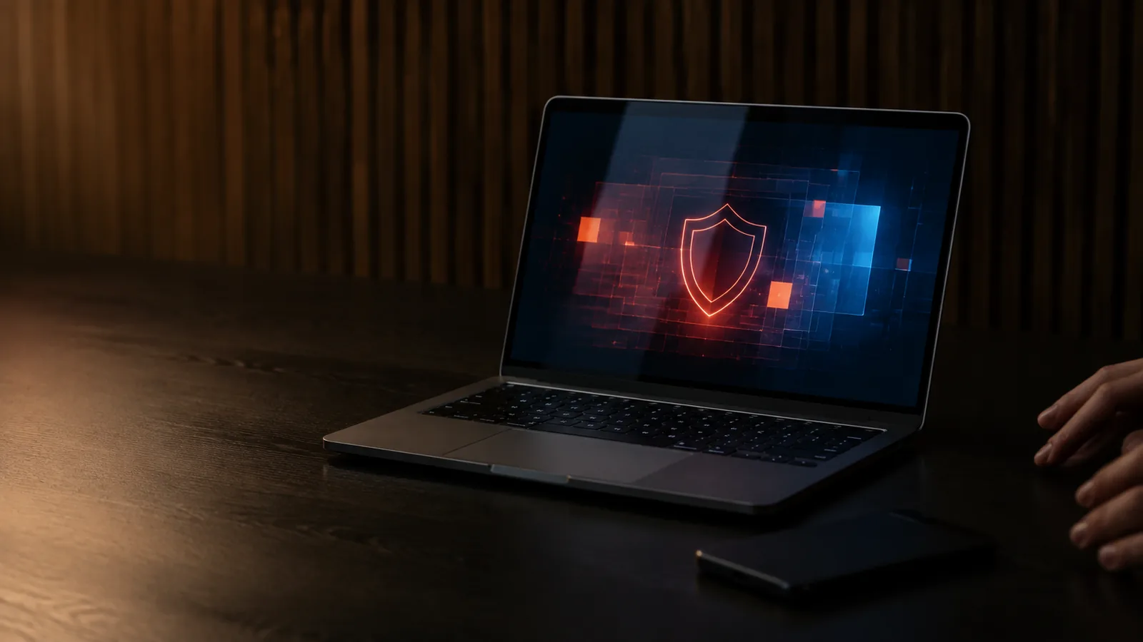 Notebook aberto com alerta de segurança na tela sobre mesa escura, ilustrando vazamento de dados